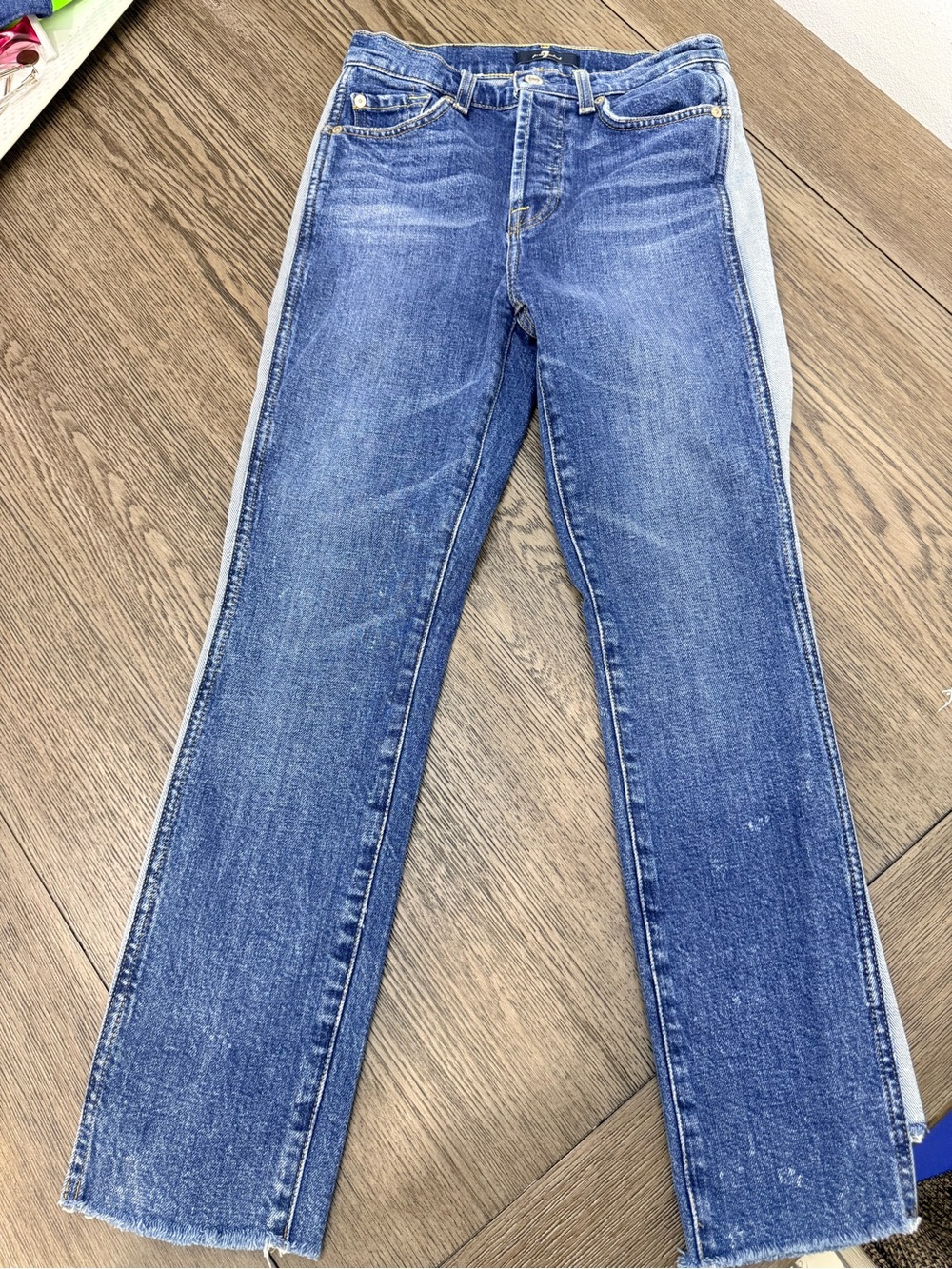 7 For All Mankind Two-Tone Blue Straight Leg Jeans with Light Side Panels